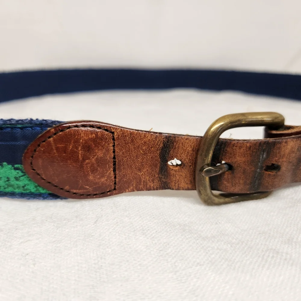 Leather Man LTD Lighthouse Belt 42 Navy Woven Leather Solid Brass Buckle USA